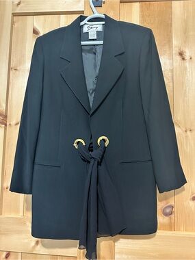Vtg Genny Made in Italy Black Blazer Tie Front Gold Rhinestone Hardware Size 10